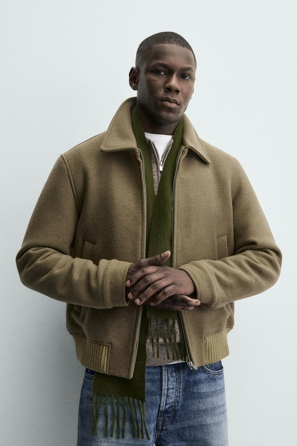 ZARA СТЕГАНАЯ КУРТКА ИЗ ШЕРСТЯНОЙ ТКАНИ, ЗЕЛЕНОВАТЫЙ