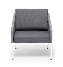 "Канны" кресло плетеное из роупа, каркас алюминий белый муар, роуп светло-серый круглый, ткань серая 017