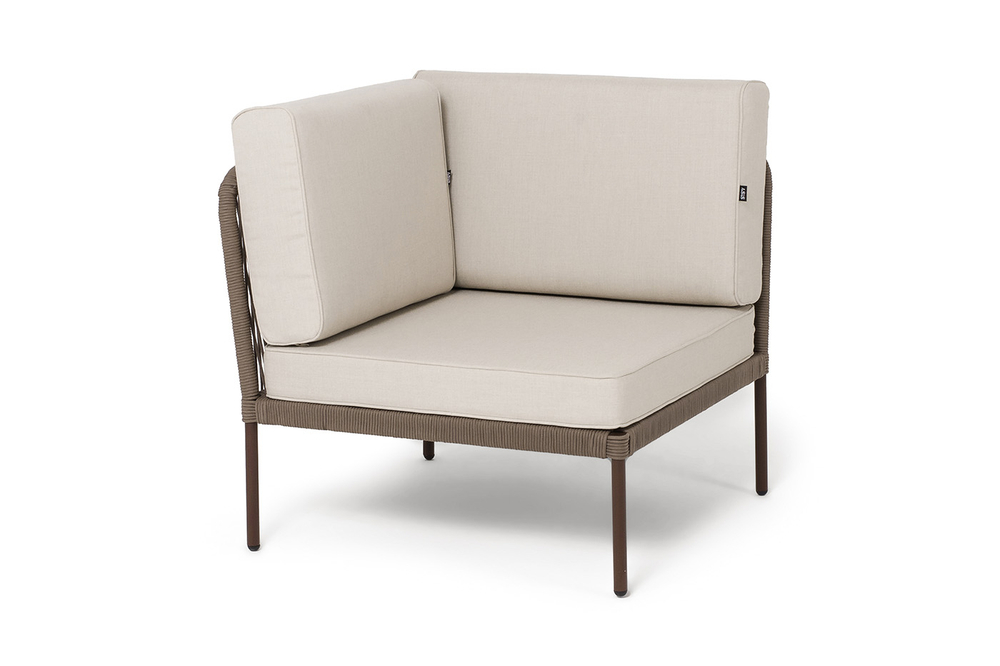 "Канны" угловой модуль плетеный из роупа, каркас алюминий коричневый (RAL8016) муар, роуп коричневый круглый, ткань бежевая 15052