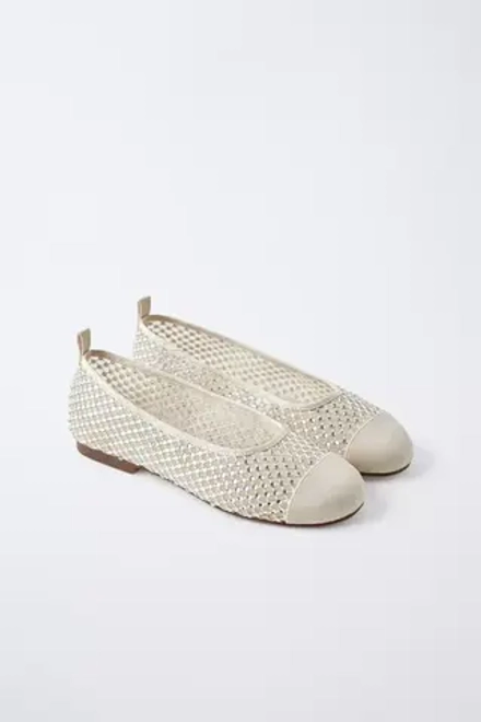 ZARA БАЛЕТКИ СО СТРАЗАМИ, ЭКРЮ