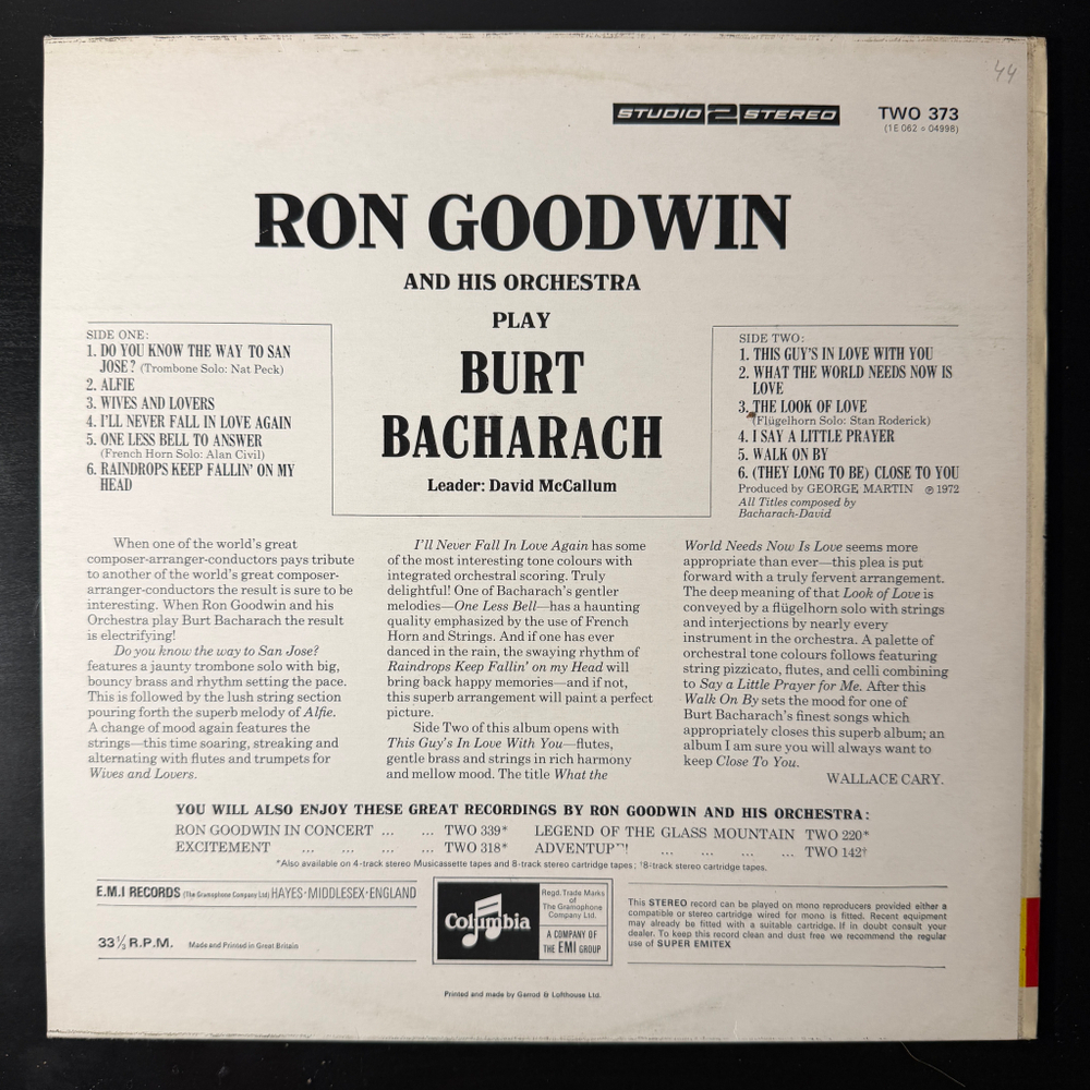 Ron Goodwin & His Orchestra ‎– Play Burt Bacharach (Англия 1972г.) Promo