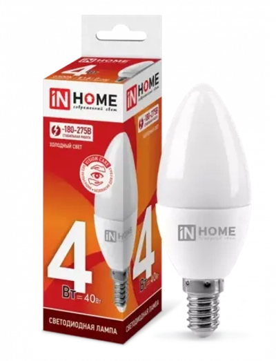 Лампа светодиодная LED-СВЕЧА-VC 4Вт 230В Е27 6500К ХОЛОДНЫЙ 360Лм IN HOME