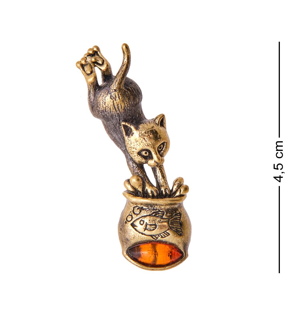 AM-3466 Брошь «Котенок на рыбалке» (латунь, янтарь)