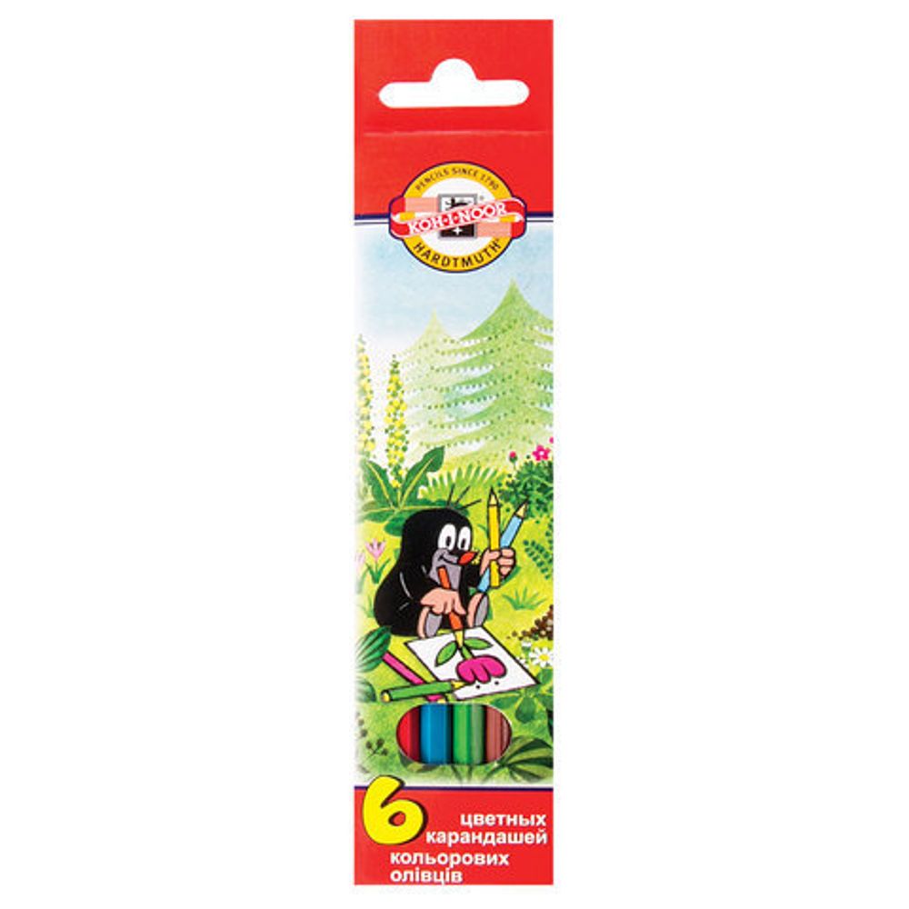 Карандаши цветные KOH-I-NOOR "Крот", 6 цветов, грифель 3,2 мм, заточенные, европодвес, 3651006026KSRV