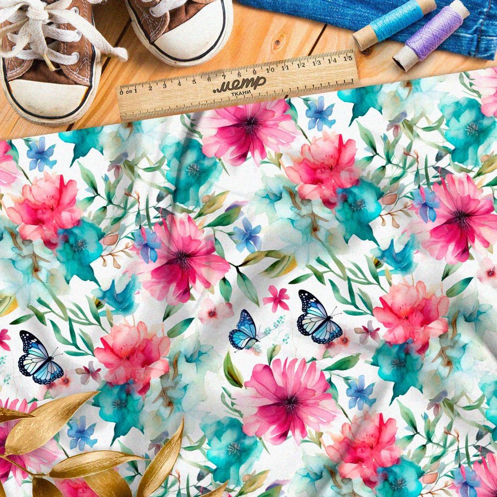Ткань премиум сатин бабочки в акварельных цветах