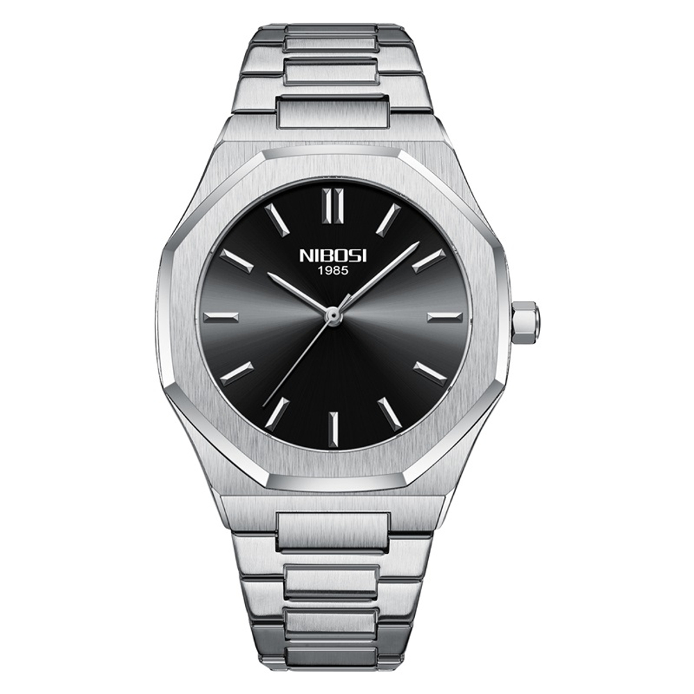 NIBOSI 1985 Quartz Movement Stainless Steel Strap Watch Men"s Watches Black Dial