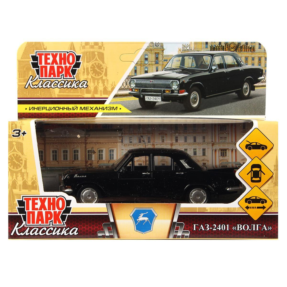 Модель ин. мет. "ГАЗ-2401 Волга" 12см, двери, багаж, черный, коробка 2401-12-BK (Технопарк)