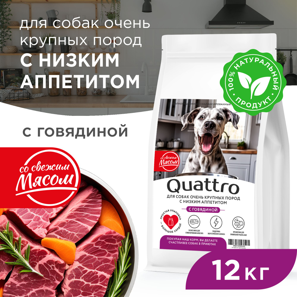 Корм сухой для взрослых собак очень крупных пород, премиум полнорационный комплекс, для собак с низким аппетитом, с говядиной, 12 кг, QUATTRO