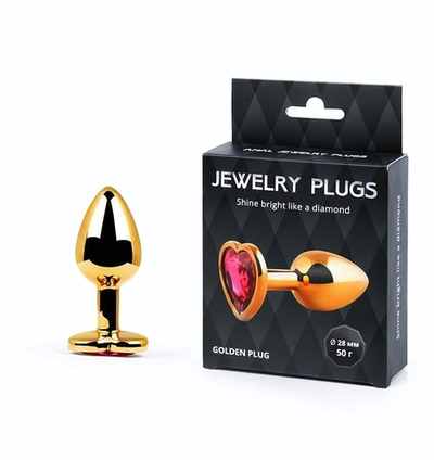 Золотистая анальная пробка с малиновым кристаллом-сердечком - 7 см. (Цвет: малиновый)