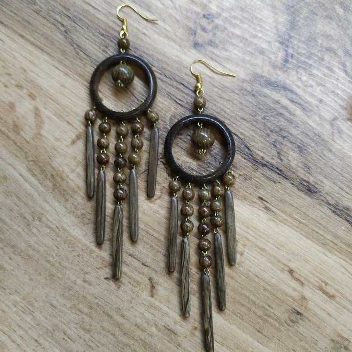 Серьги Кольцо 5 палочек, дерево, цвет темно-коричневый, 28x100 мм