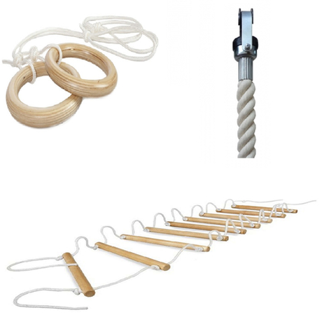 Комплект: Канат х/б с крепежом, Кольца гимнастические деревянные, Лестница веревочная с деревянными ступенями (10 шт)
