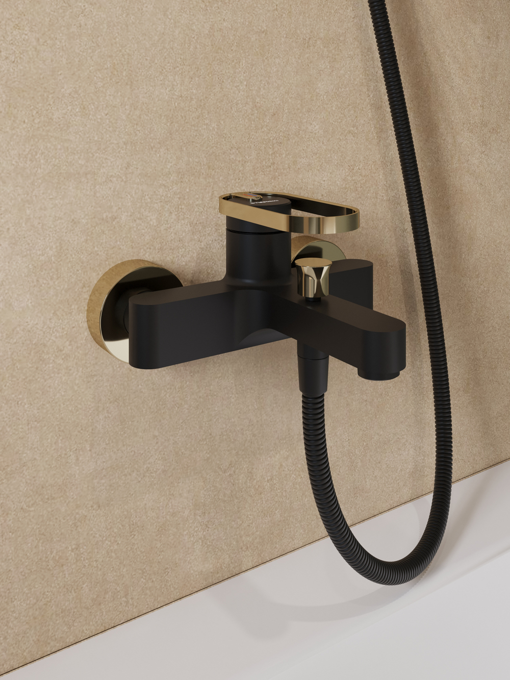 Смеситель для ванны с душем STWORKI Малунг S11100BG матовый черный, глянцевое золото