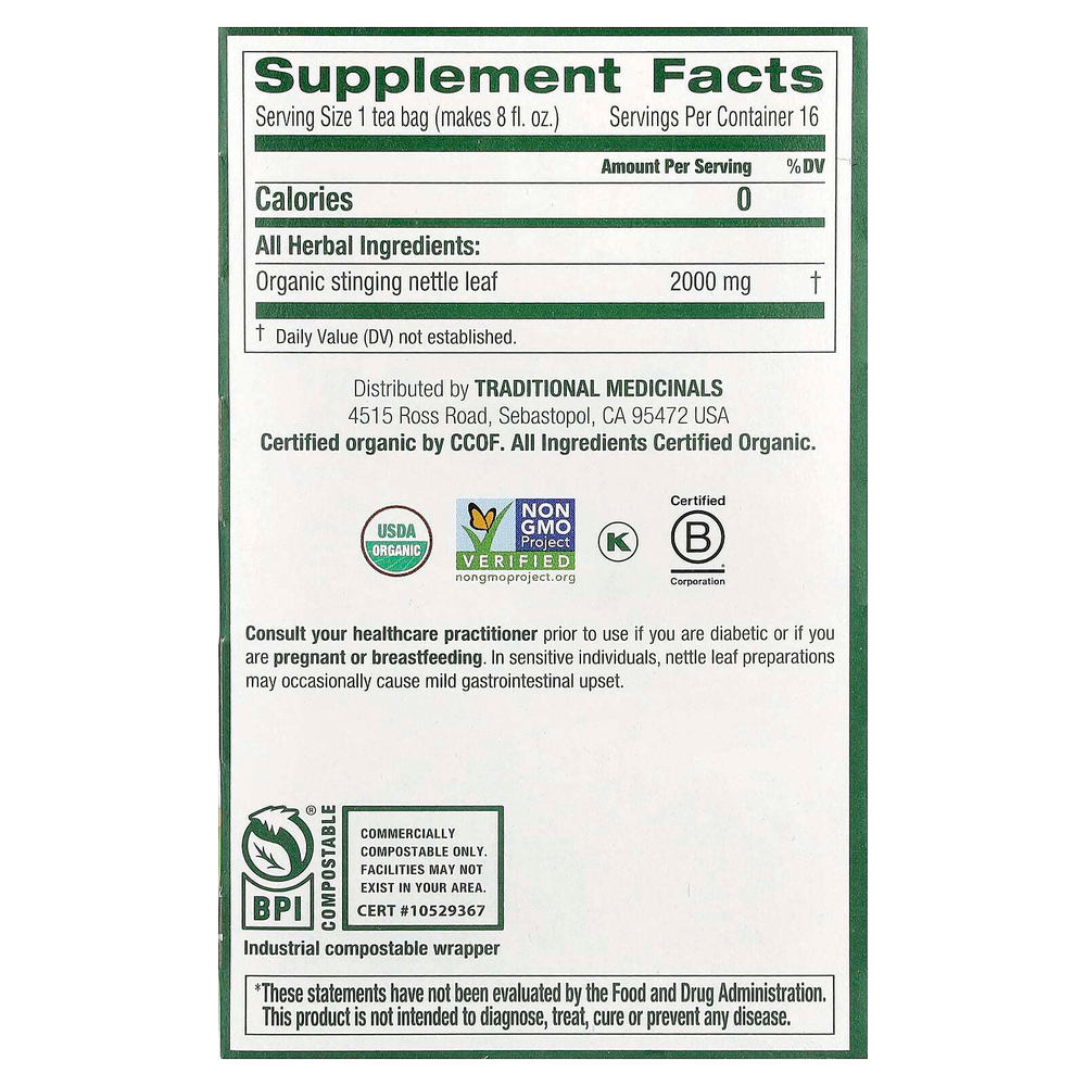 Traditional Medicinals, листья органической крапивы, без кофеина, 16 чайных пакетиков, 32 г (1,13 унции)