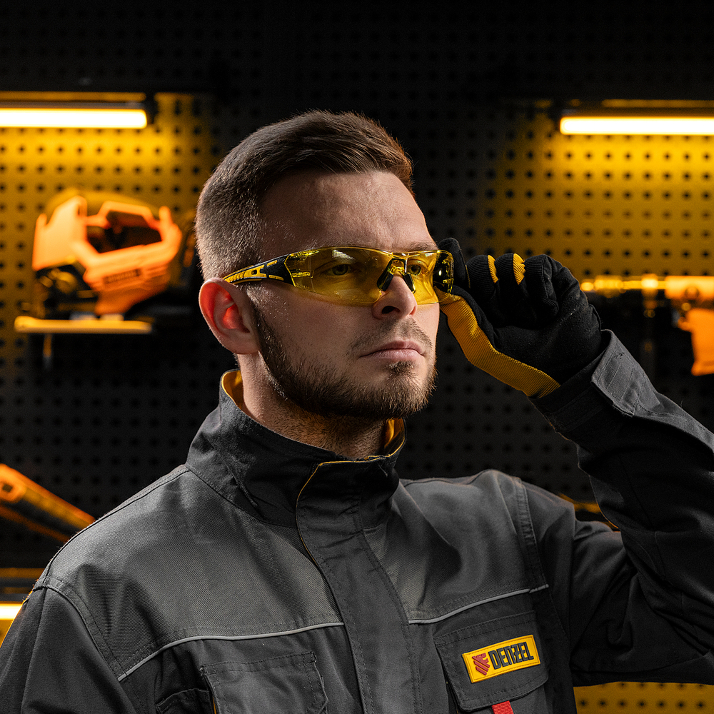 Очки защитные открытые, поликарбонатные, желтая линза, 2х комп.дужки// Denzel