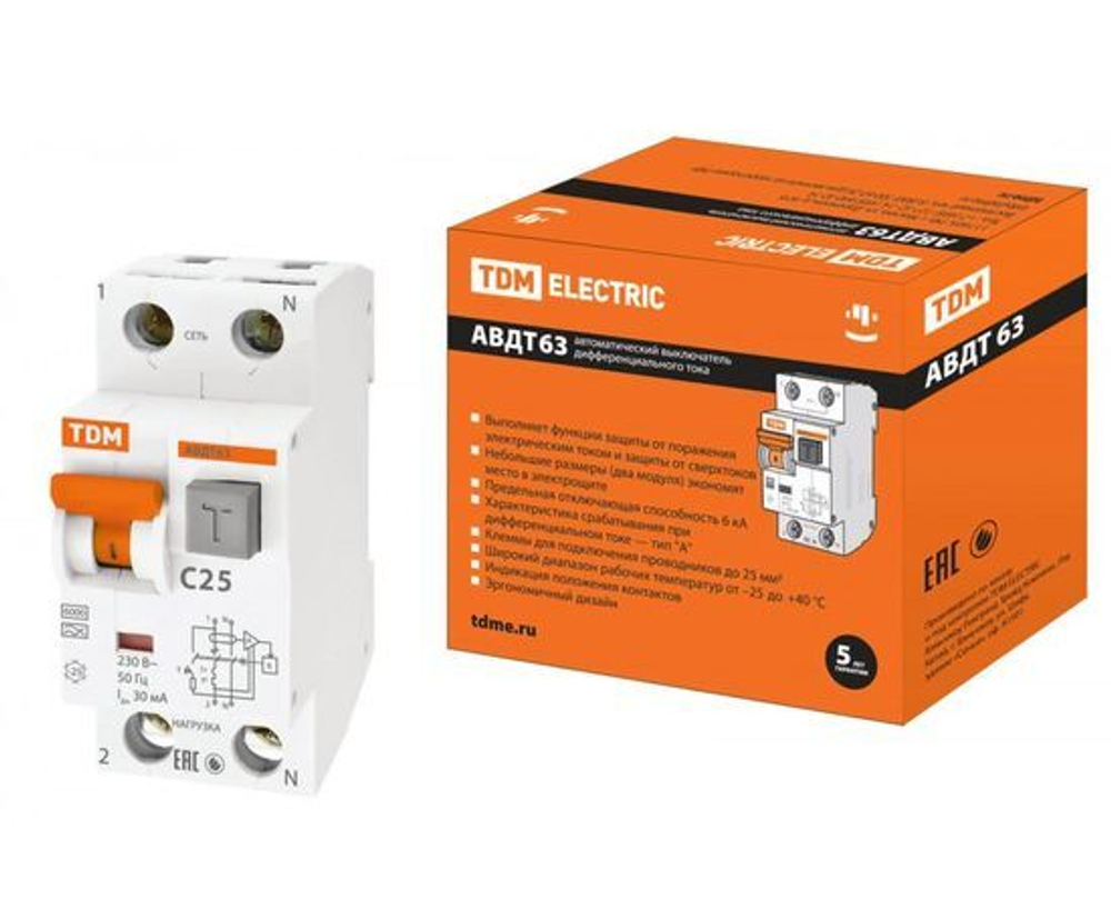 АВДТ 63 2Р(1Р+N) C25 30мА 6кА тип А - Автоматический Выключатель Дифференциального тока TDM SQ0202-0004