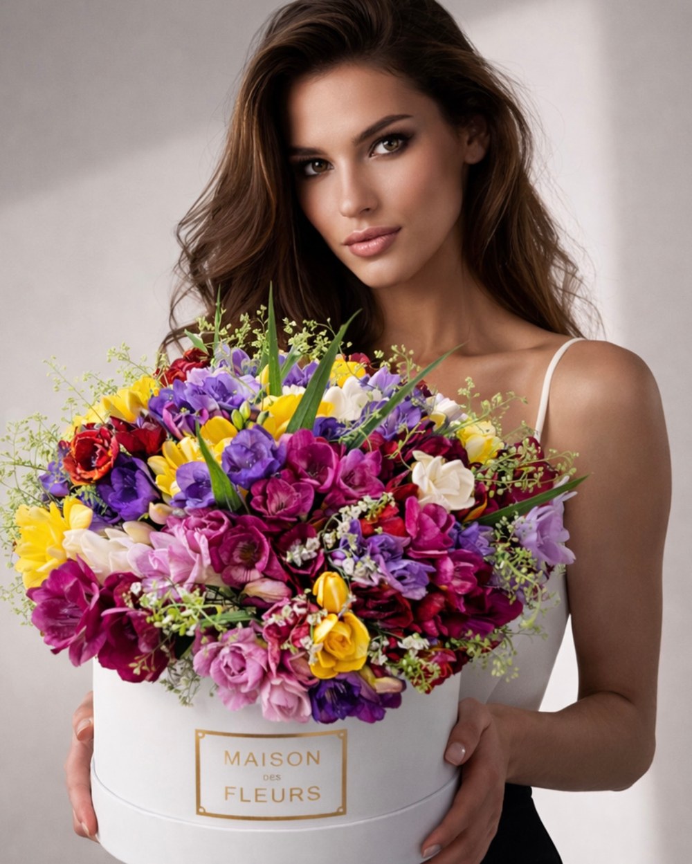 Ароматная фрезия в белой подарочной коробке "Maison des fleurs"