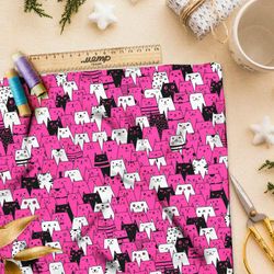 Ткань лён розовые, белые и чёрные коты