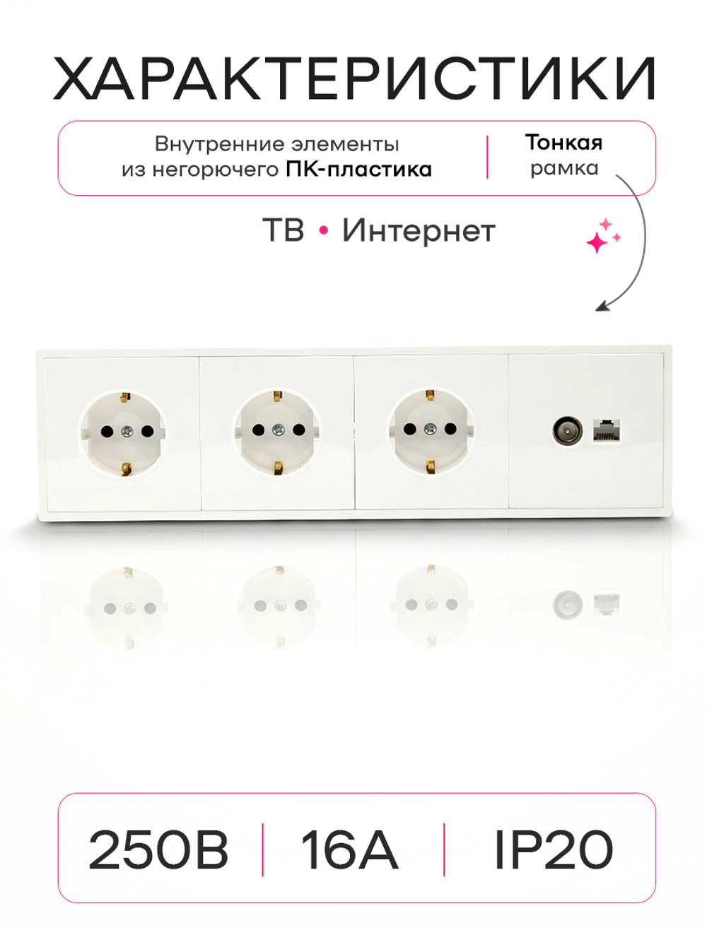Розетка внутренняя тройная с ТВ и интернет белая
