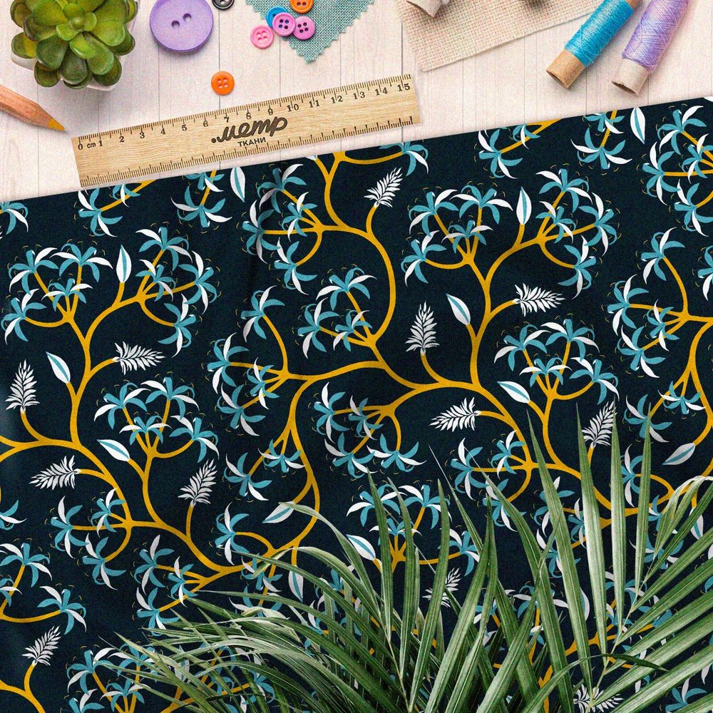 Ткань габардин голубые цветы на золотых стеблях