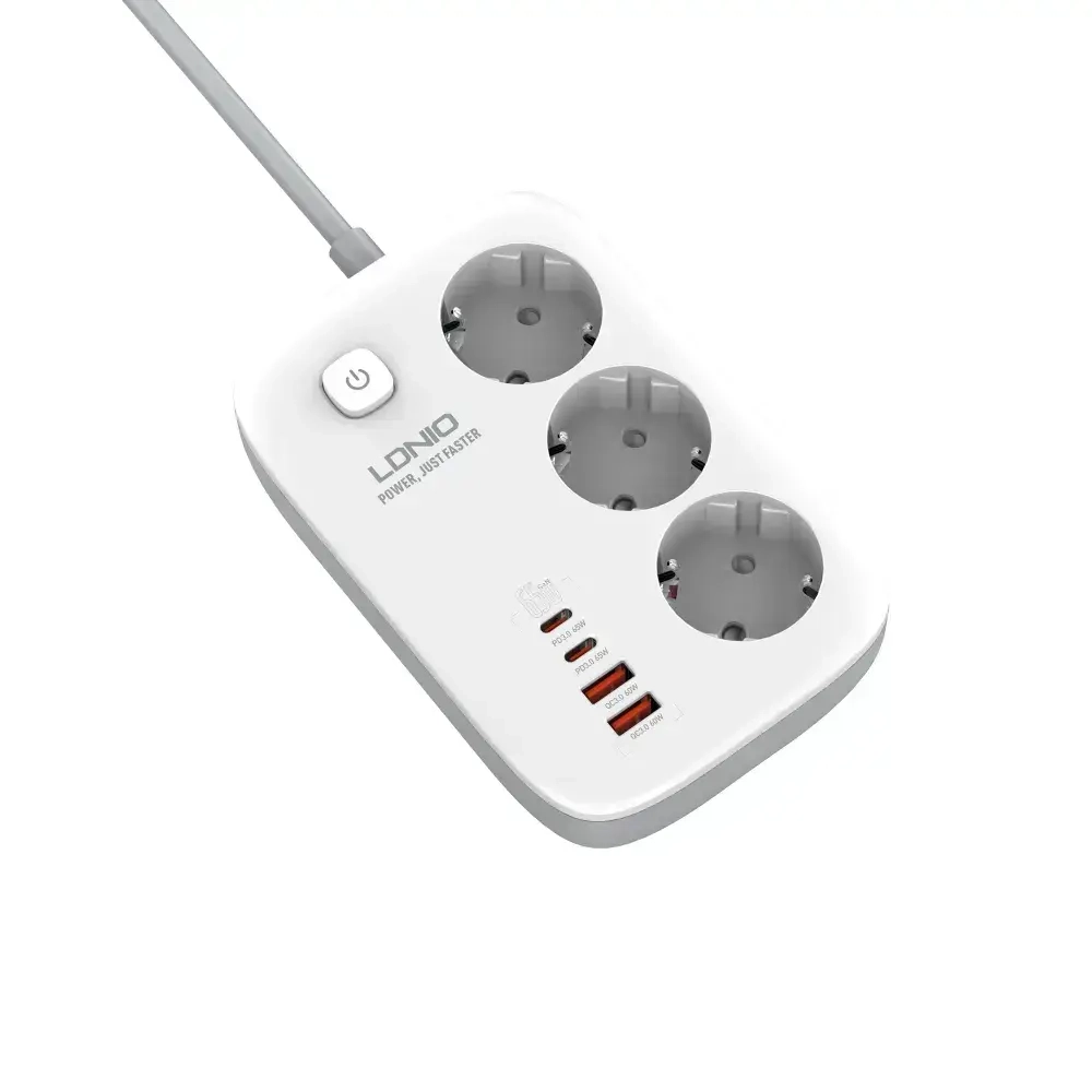 LDNIO удлинитель сетевой фильтр SE3436 2 метра 4 USB GaN 65W белый, тройник разветвитель с заземлением и выключателем