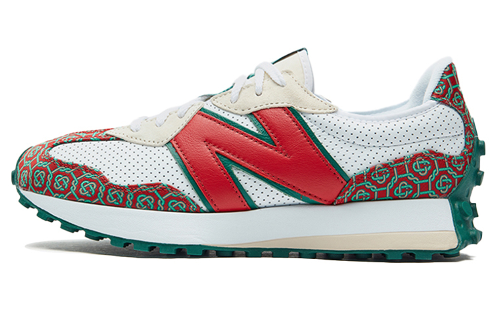 CASABLANCA x New Balance NB 327 comfortable fabric two-layer cowhide first layer cowhide shock absorption, non-slip, wear-resistant wrapping support low-cut casual running shoes for men and women with the same white and red color pattern