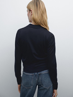 Massimo Dutti Свитер из 100% шерсти с воротником поло и пуговицами, темно-синий