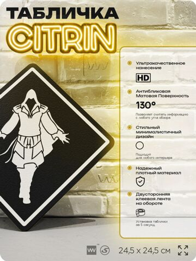 Табличка декоративная "Assassin s Creed" на дверь и стену, прикольная штука в подарок геймеру, декоративный знак, 24,5х24,5 см, Айдентика Технолоджи