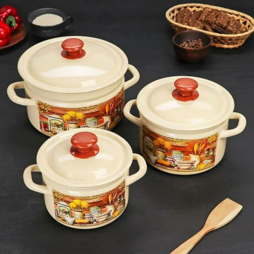 Набор эмалированной посуды 6 пр, кастрюли 2,3,5 л, Керчь, Сельский мотив — 1