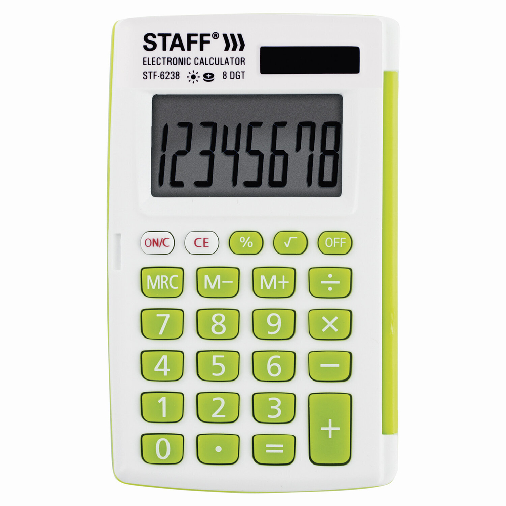 Калькулятор карманный STAFF STF-6238 (104х63 мм) 8 разядов двойное питание белый С ЗЕЛЁНЫМИ КНОПКАМИ блистер (2 штуки в упаковке)