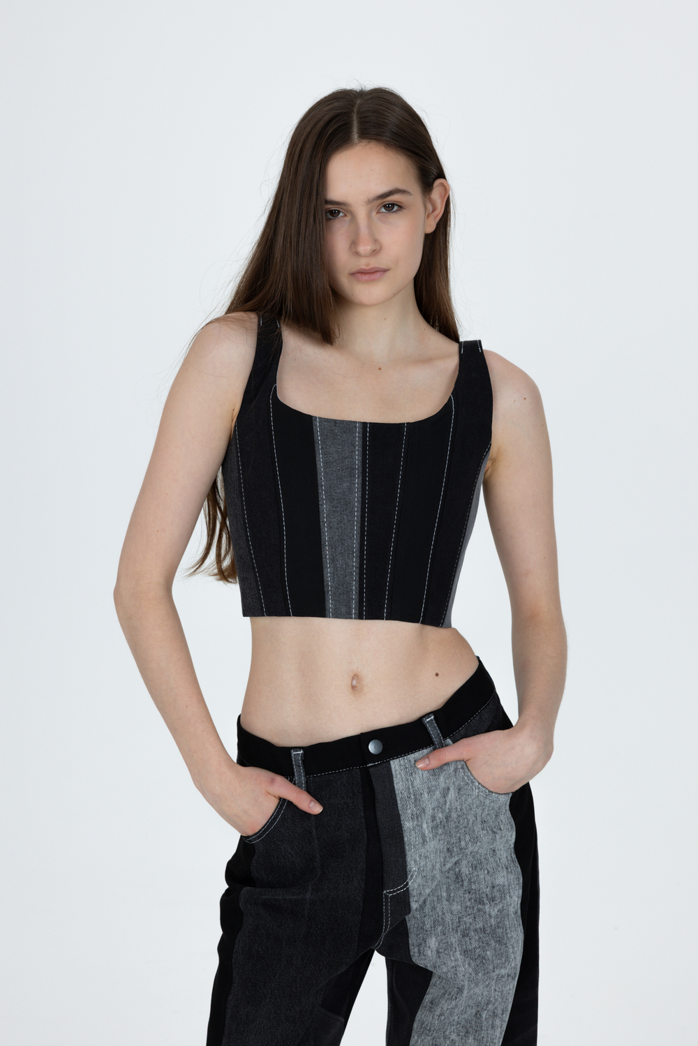 Джинсовый апсайкл корсет с бретелями, чёрный