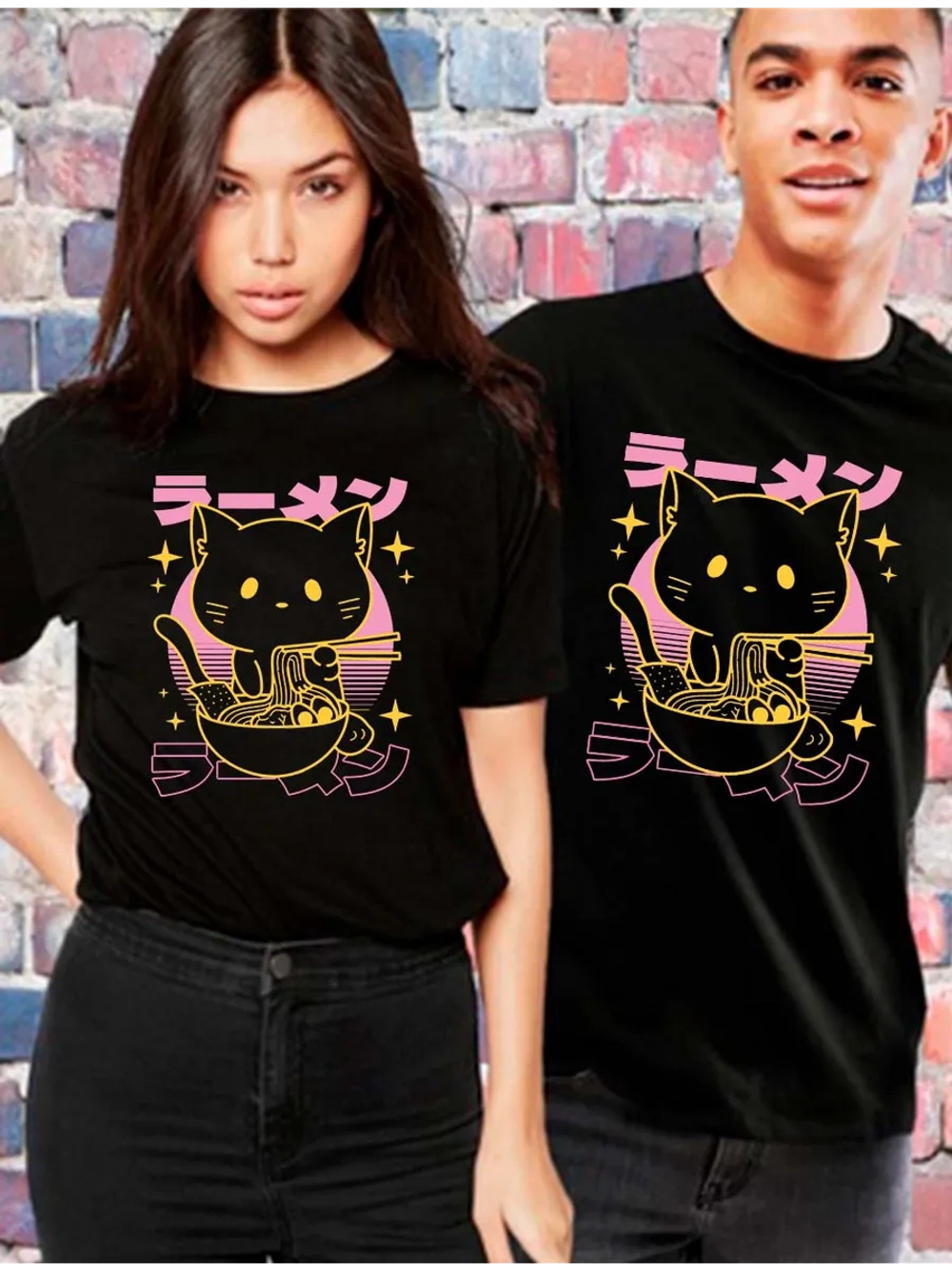 Футболка черная Y2K оверсайз кот ест лапшу