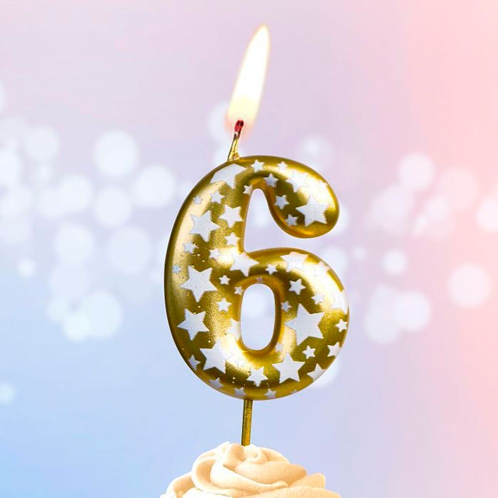 Свеча Цифра, 6 Звездочки, Золото, 4,3 см, 1 шт.
