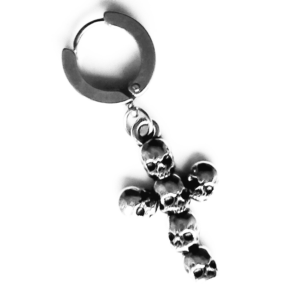 Серьга кольцо (1 шт) "Крест из черепов" (25х15мм) для пирсинга уха. Медицинская сталь
