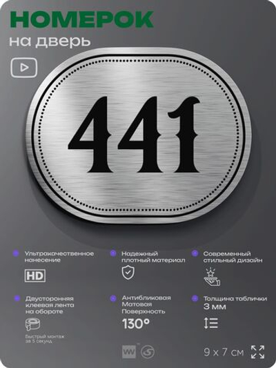 Номерок на дверь квартиры 441, для кабинета, офиса, шильдик 9 х 7 см, брашированная сталь, Айдентика Технолоджи