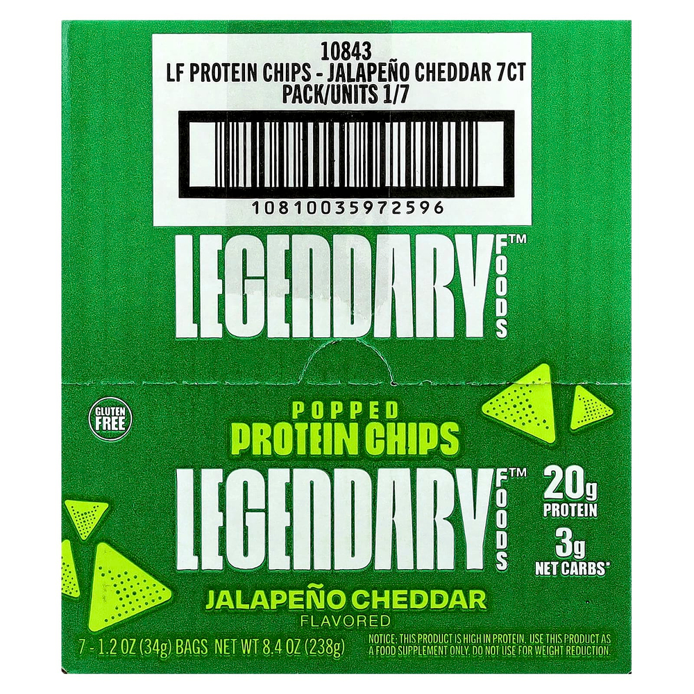 Legendary Foods, Протеиновые чипсы, халапеньо и чеддер, 7 пакетиков по 34 г (1,2 унции)