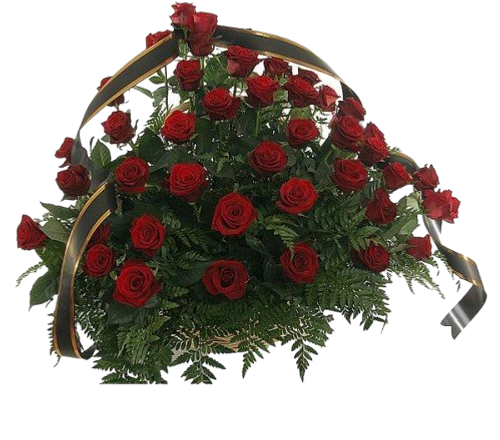 Ритуальная корзина из живых цветов "50 красных роз, папоротник"