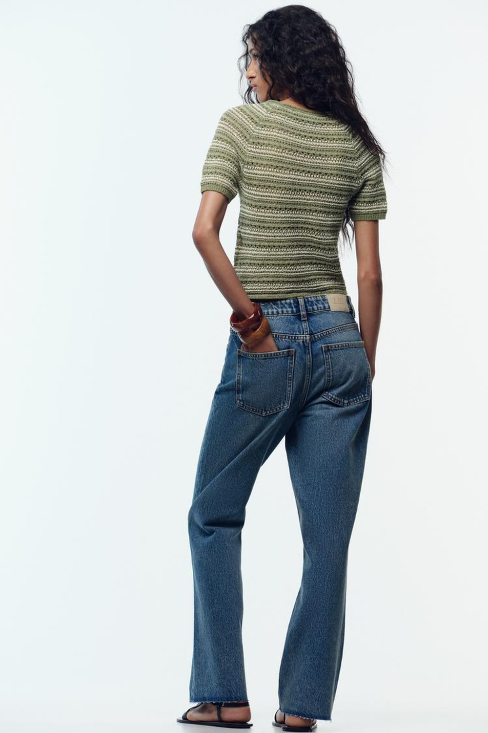 ZARA ТРИКОТАЖНЫЙ ТОП С КОРОТКИМИ РУКАВАМИ, ЗЕЛЕНЫЙ/ЭКРЮ