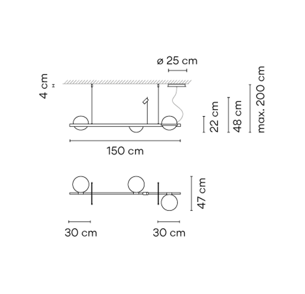 Реечный подвесной светильник PALMA Wall lamp 2 шара + 1 вазон горизонтальная