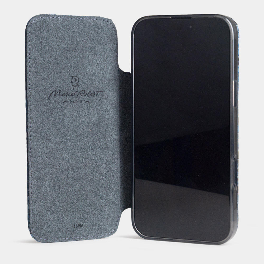 Чехол-книжка кожаная для iPhone 16 Pro Max, питон синего цвета