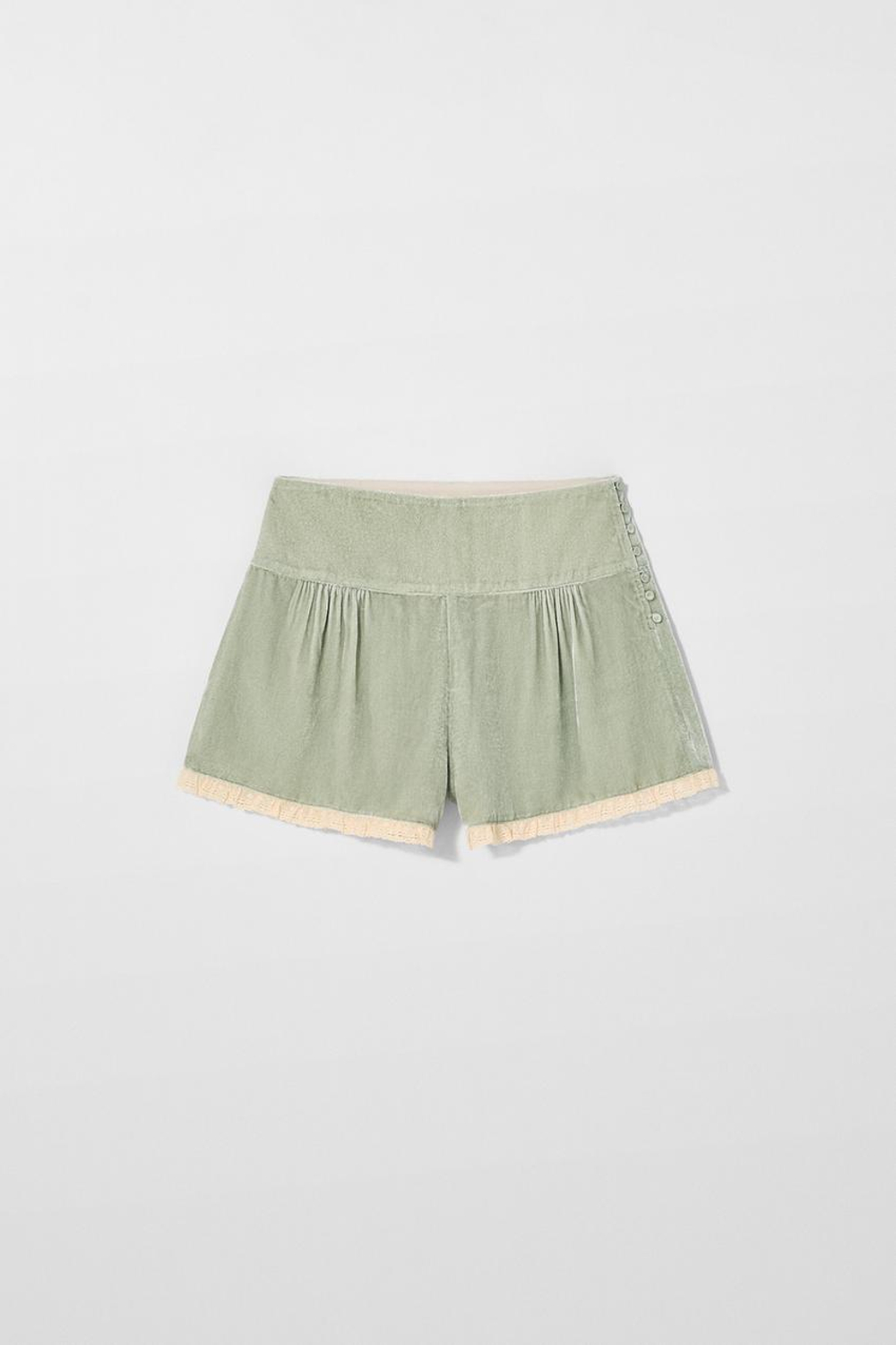 ZARA X KATE MOSS ШОРТЫ БАРХАТНЫЕ С КРУЖЕВОМ, СВЕТЛО-ЗЕЛЕНЫЙ
