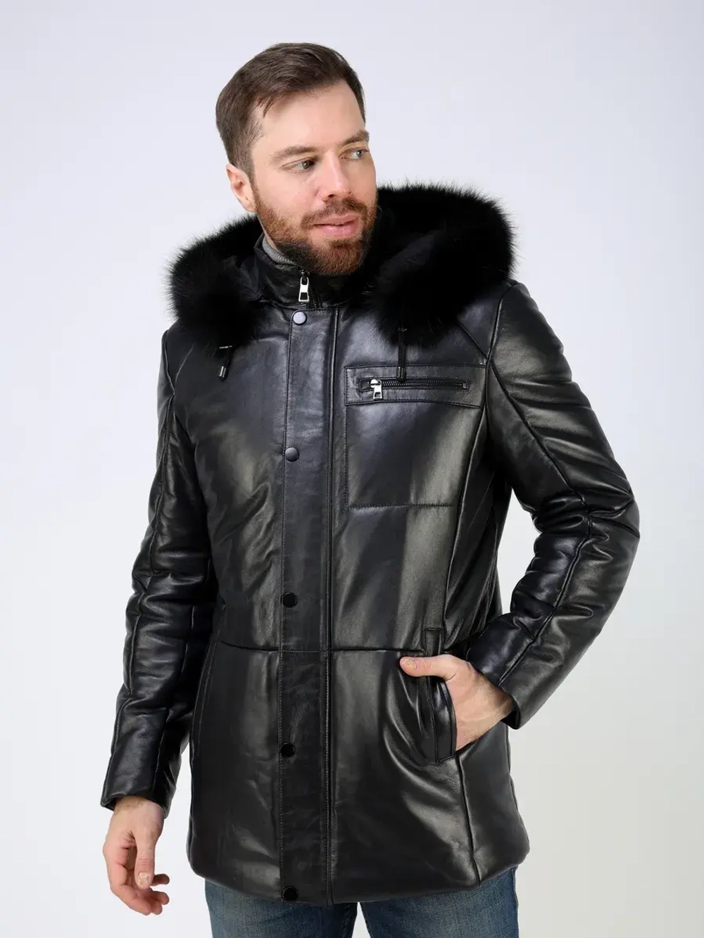 Куртка зимняя кожаная с капюшоном пуховик