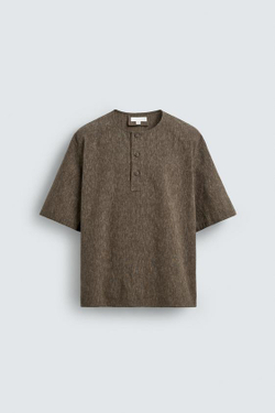 ZARA ФУТБОЛКА ПОЛО ИЗ ЛЬНА, ХАКИ
