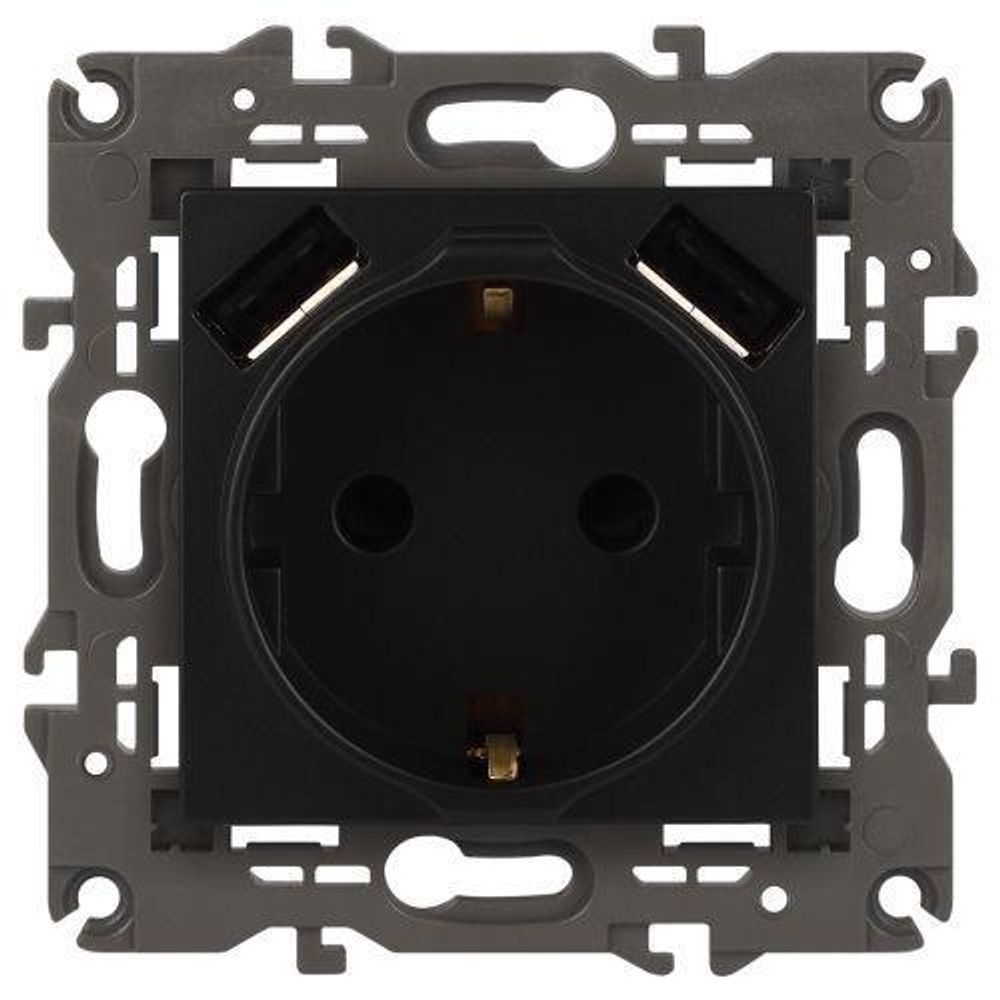 Розетка 16А 250В 2P+E с 2хUSB 5В-3А защ. шторки Elegance антрацит 14-4109-05 ЭРА Б0047871