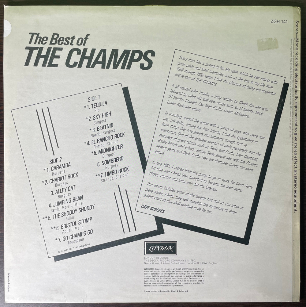 The Champs ‎– The Best Of The Champs (Англия 1977г.)
