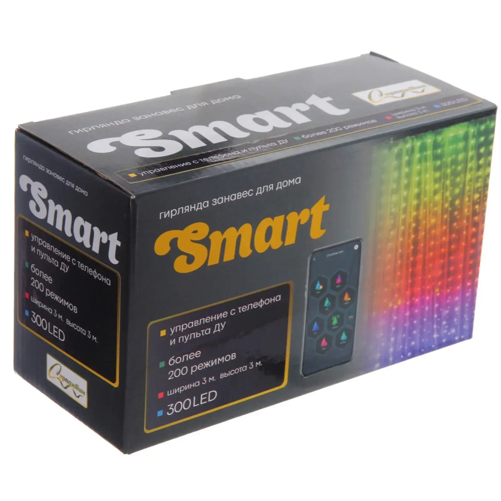 Гирлянда для дома ЗАНАВЕС ш3м* в3м 300 ламп LED, прозрачный провод, более 200 реж, IP-44 (управление с пульта д/у и с телефона). Мультицвет