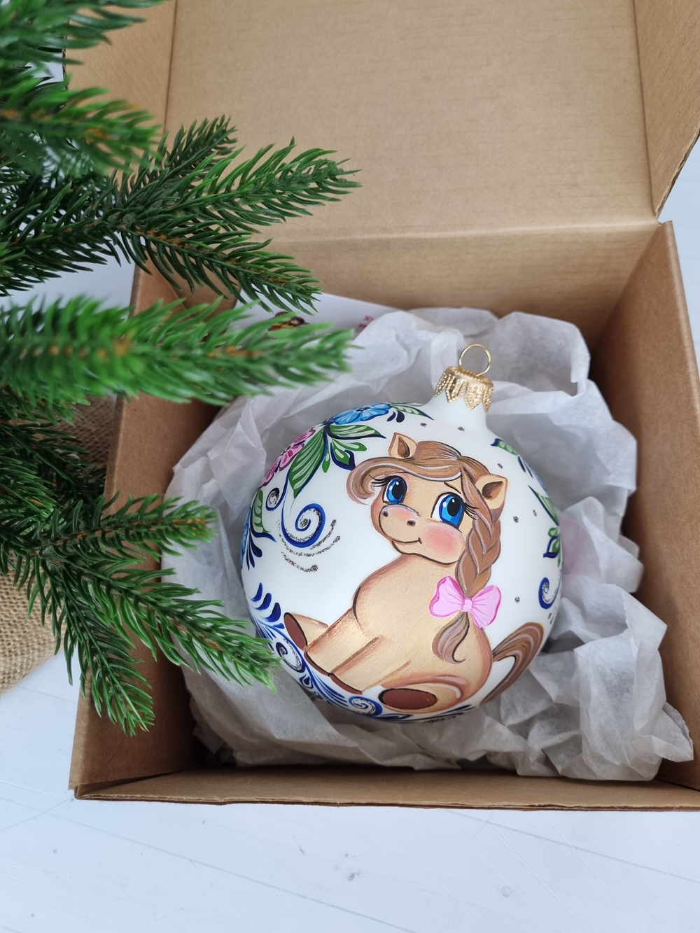 Шар стеклянный "Пони" городецкая роспись, ручная работа