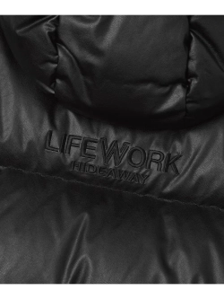 Пуховик из эко-кожи с капюшоном