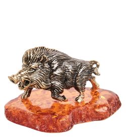 AM- 332 Фигурка «Кабан-вепрь на подставке» (латунь, янтарь)