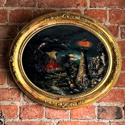 Панно "Маяк в шторм". Реверсивная живопись на стекле. Стекло, перламутр, темпера. Франция, 1890-е гг