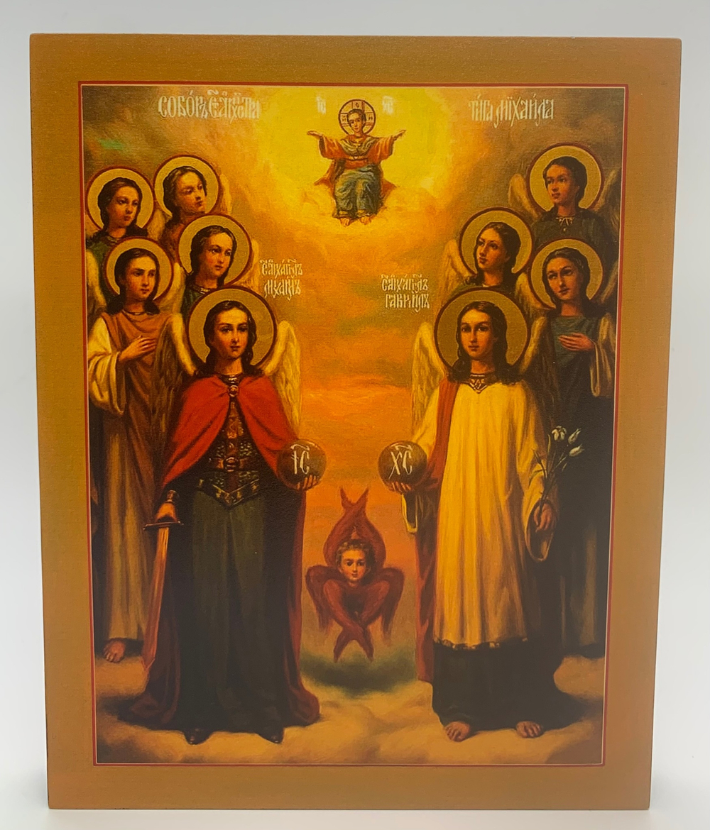 Собор Архангела Михаила, икона  на доске прямая печать по левкасу ручная работа, 13*16,5 см